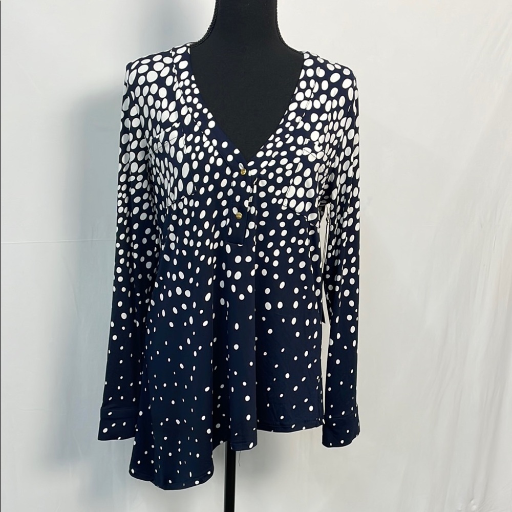 BCBGMaxazria Women's Navy and White Polka Dot Asymmetrical Tunic, Size Large